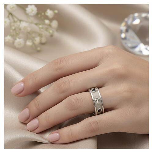 Rhodium-plated Benedictus rosary ring with black cubic zirconia 925 silver 2
