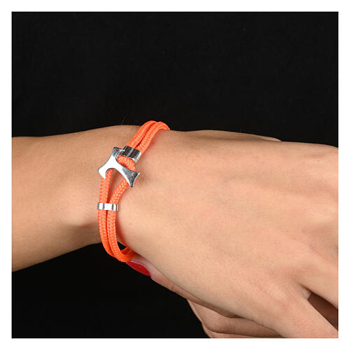 Pulseira Benedictus corda náutica laranja e cruz tau prata 925 2