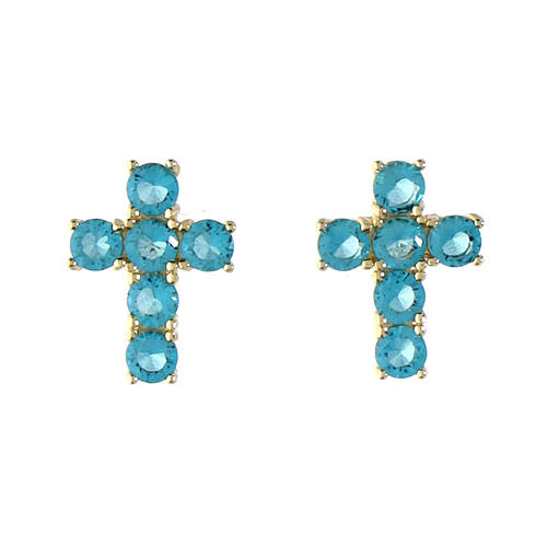 Agios stud earrings, gold plated cross with sky blue rhinestones, 925 silver 1