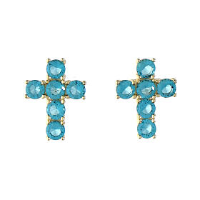 Brincos Agios dourados cruz prata 925 zircões azul claro