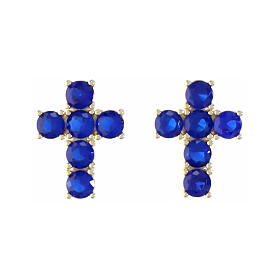 Brincos Agios dourados cruz prata 925 zircões azul escuro