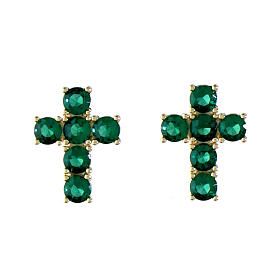 Agios stud earrings, cross with green rhinestones, gold plated 925 silver