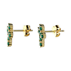 Agios stud earrings, cross with green rhinestones, gold plated 925 silver