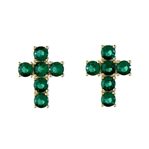 Agios stud earrings, cross with green rhinestones, gold plated 925 silver 1