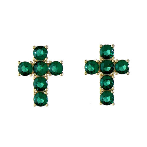 Boucles d'oreilles Agios croix de zircons vert argent 925 doré 1