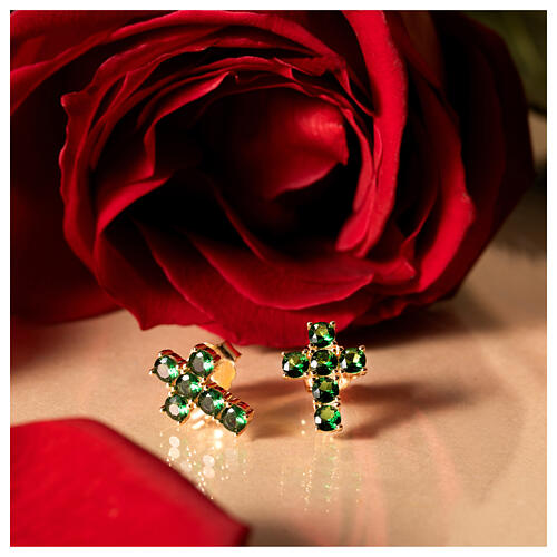 Agios 925 silver earrings with golden cross and green zircons 4