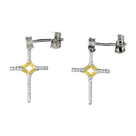 Agios drop earrings, cross with white rhinestones, rhodium-plated 925 silver and gold plated detail