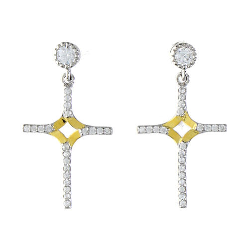 Pendants d'oreilles Agios croix avec zircons blancs argent 925 rhodié avec centre doré 1