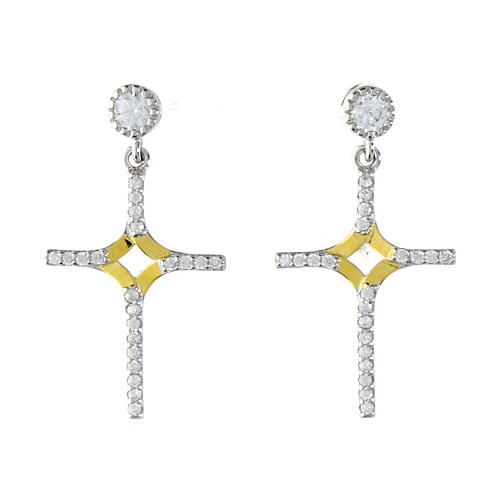 Rhodium-plated cross earrings with white zircons 925 silver Agios 1