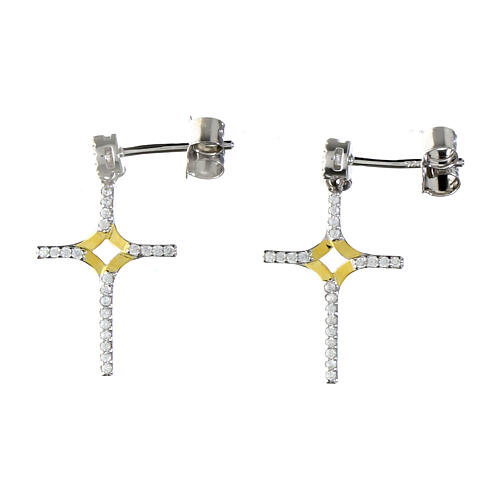 Rhodium-plated cross earrings with white zircons 925 silver Agios 2