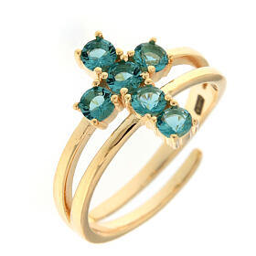 Agios ring with cross of light blue rhinestones, gold plated 925 silver