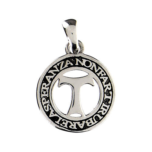 Agios coin-shaped pendant with cut-out tau, 0.075 in, burnished rhodium-plated 925 silver 1