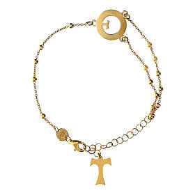 Beatitudinem rosary bracelet by Agios, burnished gold plated 925 silver, round cut-out medal with tau