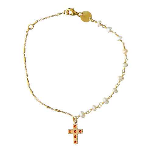 Bracciale Agios dorato perle naturali croce zirconi arancio argento 925 3