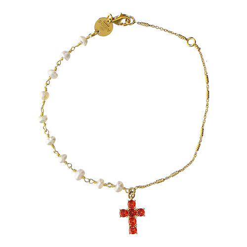 Golden Agios bracelet with natural pearls cross orange zircons 925 silver 1