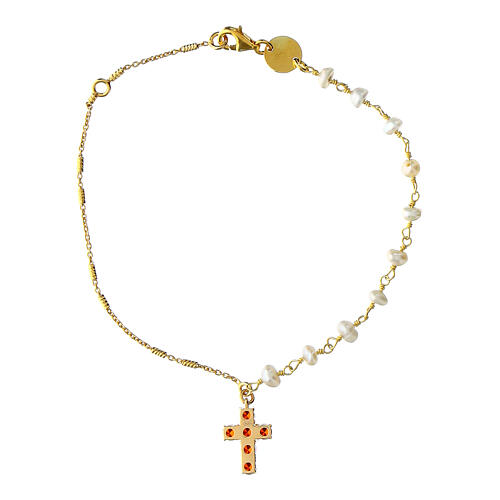 Golden Agios bracelet with natural pearls cross orange zircons 925 silver 2