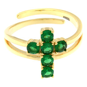 Agios ring with cross of green rhinestones, gold plated 925 silver