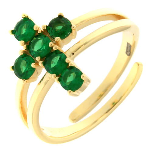 Agios ring with cross of green rhinestones, gold plated 925 silver 1