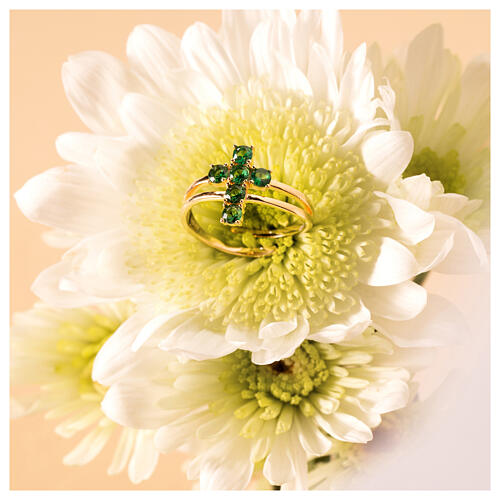 Agios ring with cross of green rhinestones, gold plated 925 silver 5