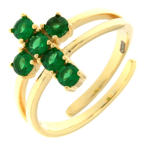 Golden cross ring with green zircon in 925 silver Agios 1