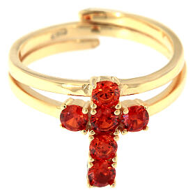Agios ring with cross of orange rhinestones, gold plated 925 silver