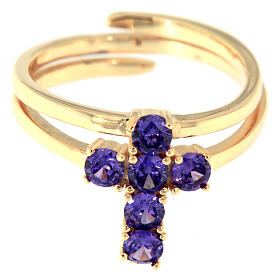 Ring von Agios, Kreuz, 925er Silber, vergoldet, violette Zirkone