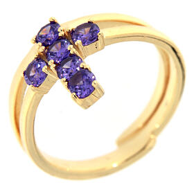 Anello Agios dorato croce argento 925 zirconi viola 