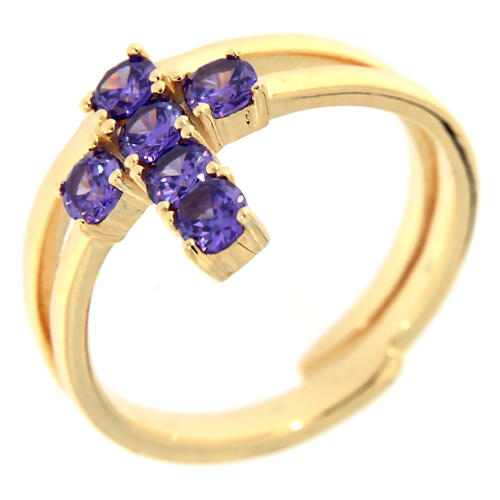 Golden cross ring 925 silver purple zircons Agios 1