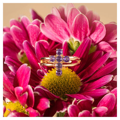 Golden cross ring 925 silver purple zircons Agios 4