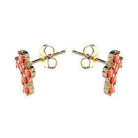 Agios stud earrings, gold plated cross with orange rhinestones, 925 silver
