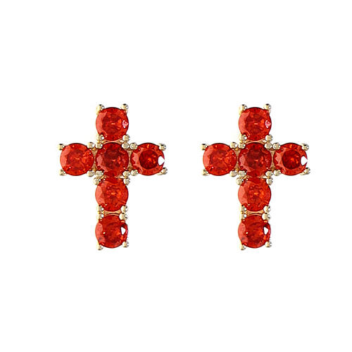 Agios stud earrings, gold plated cross with orange rhinestones, 925 silver 1