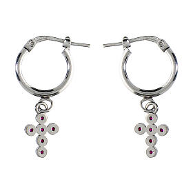 Agios huggie earrings with cross of red ruby rhinestones, 925 silver