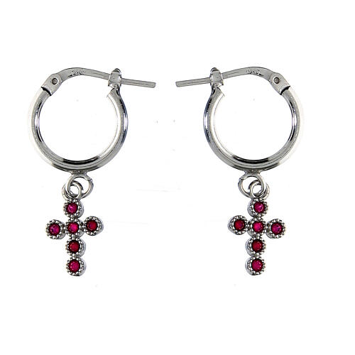 Agios huggie earrings with cross of red ruby rhinestones, 925 silver 1