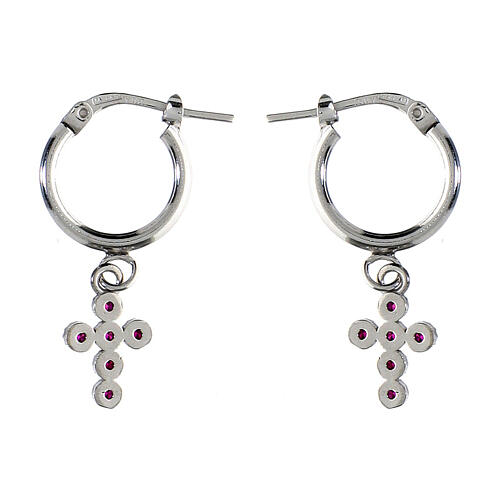 Agios huggie earrings with cross of red ruby rhinestones, 925 silver 2