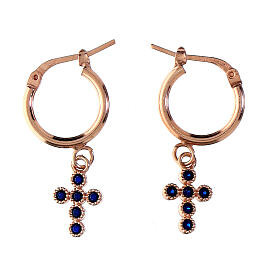 Agios huggie earrings with cross of sapphire rhinestones, rosé 925 silver