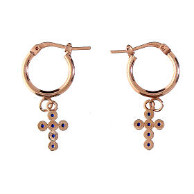 Agios huggie earrings with cross of sapphire rhinestones, rosé 925 silver