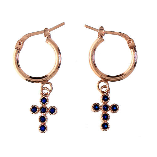 Agios huggie earrings with cross of sapphire rhinestones, rosé 925 silver 1