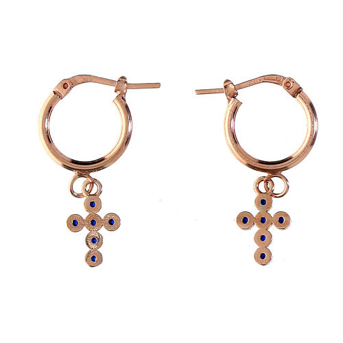Agios huggie earrings with cross of sapphire rhinestones, rosé 925 silver 3