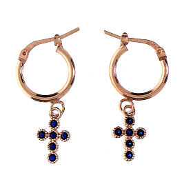 Créoles Agios avec breloque croix zircons saphir argent 925 rosé