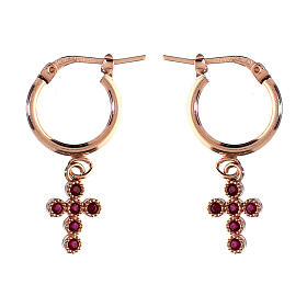 Agios huggie earrings with rosé cross of red ruby rhinestones, 925 silver