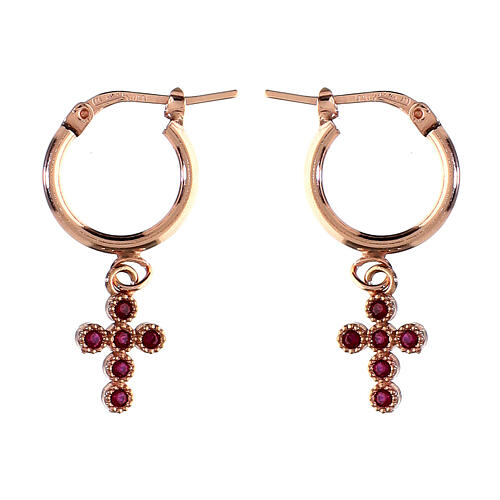 Agios huggie earrings with rosé cross of red ruby rhinestones, 925 silver 1