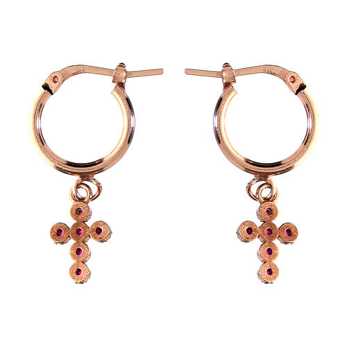 Agios huggie earrings with rosé cross of red ruby rhinestones, 925 silver 2