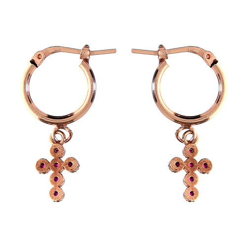 Orecchini Agios cerchio croce zirconi rubini rosé argento 925  3