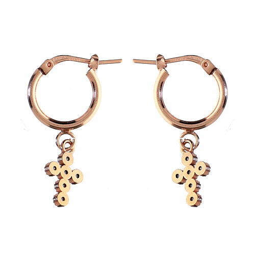 Agios huggie earrings with rosé cross of white rhinestones, 925 silver 3