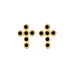 Agios stud earrings, cross with black rhinestones, gold plated 925 silver