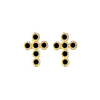 Agios stud earrings, cross with black rhinestones, gold plated 925 silver 1