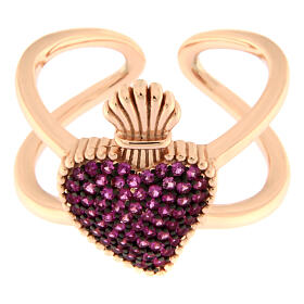 Pierścionek od Agios, płonące serce, srebro 925 rose' i cyrkonie kolor rubinowy