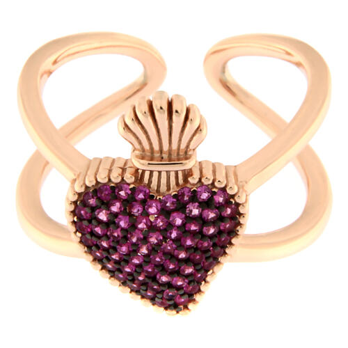 Pierścionek od Agios, płonące serce, srebro 925 rose' i cyrkonie kolor rubinowy 2