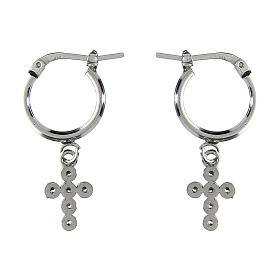 Agios huggie earrings with cross of white rhinestones, rhodium-plated 925 silver