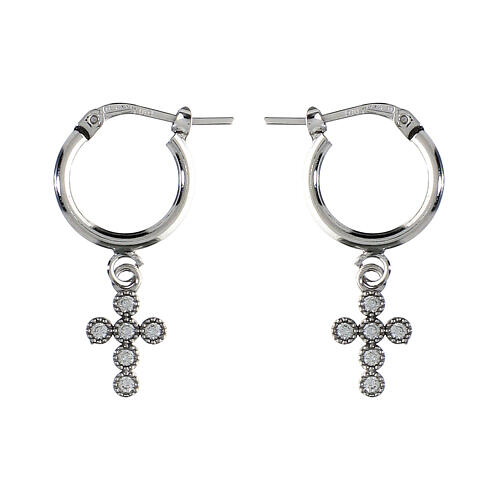 Agios huggie earrings with cross of white rhinestones, rhodium-plated 925 silver 1